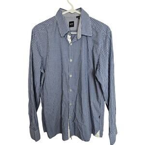 Boss Hugo Boss Shirt Blue White Checker Gingham Dress Shirt Men L Regular Fit